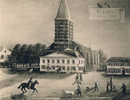 Die frühere Breyeller Pfarrkirche mit angebautem Rathaus um 1850